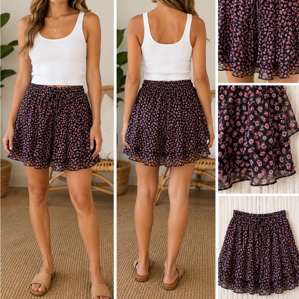 Floral Ruffle Skort | Black & Pink Layered Mini skort | Women’s Large